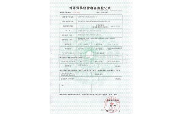 沧州华良包装袋厂家资质证书-外贸经营登记